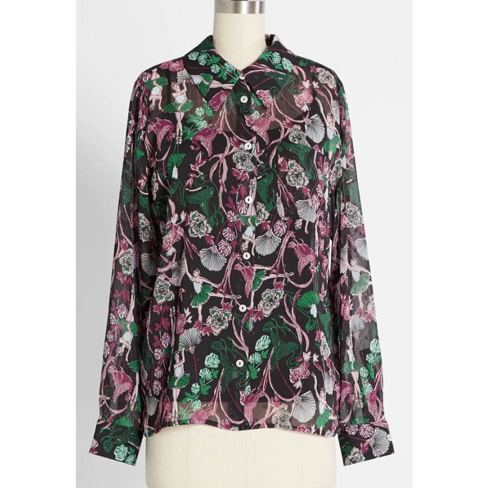 Modcloth Swan Lake Soiree Button-Up Shirt in Black Hawaii Floral